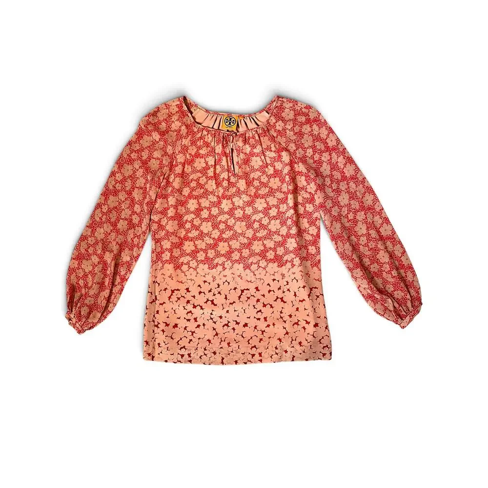Tory Burch Pink & Coral Floral Silk Blouse Size 4